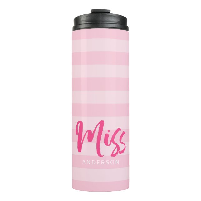 Personalize with Name Miss Preppy Pink Stripes Thermal Tumbler (Front)