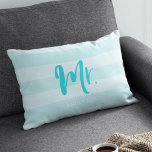 Personalize with Name Mr Preppy Blue Stripes Lumbar Pillow<br><div class="desc">Pillow featuring "Mr" in blue brush script against a preppy blue stripes pattern background. Great for newly weds or anniversaries. Personalize it by replacing the placeholder text. For more options such as to change the font and it's size click the "Customize it" button. *Please note that the Zazzle Watermark that...</div>