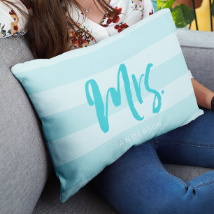 Personalize with Name Mrs Preppy Blue Stripes Lumbar Pillow
