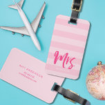 Personalize with Name Mrs Preppy Pink Stripes Luggage Tag<br><div class="desc">Stylish personalized luggage tag featuring the word "Mrs" in pink brush script against a preppy pink stripes pattern background. It makes great gifts for newly weds or anniversaries. Personalize this tag by replacing placeholder text with your information and for more options such as to change the font and it's size...</div>