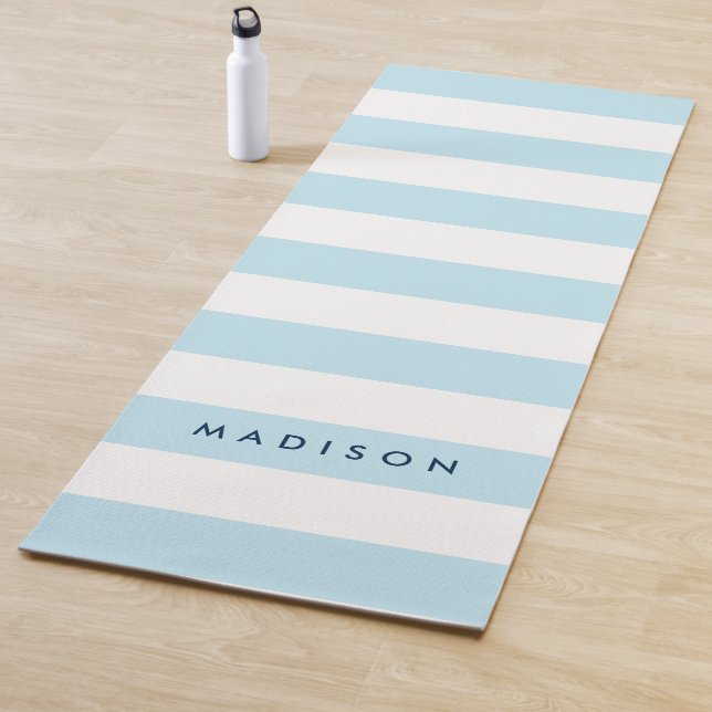 Personalize with Name Preppy Blue & White Stripes Yoga Mat (In Situ)