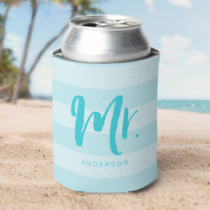Personalize with Name Preppy Mr Blue Stripes Can Cooler