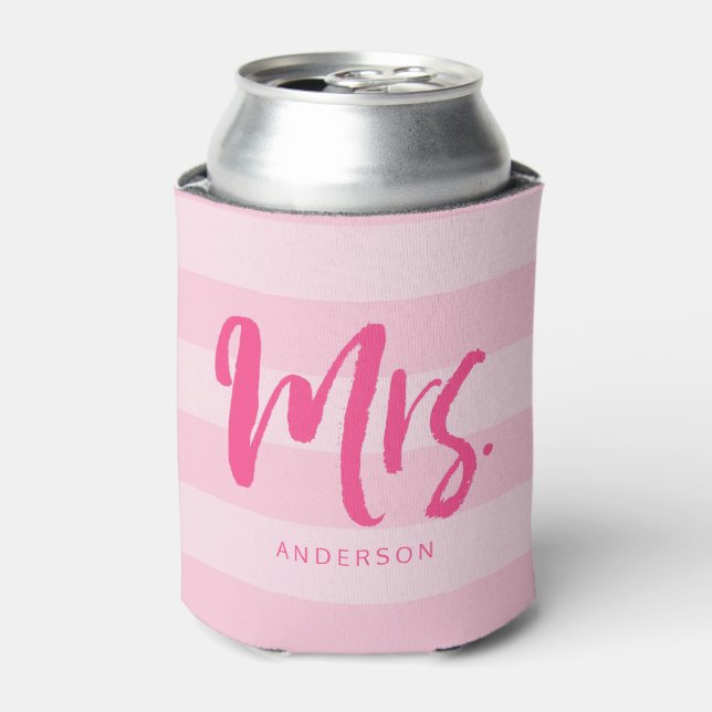 Personalize with Name Preppy Mrs Pink Stripes Can Cooler (Can Front)