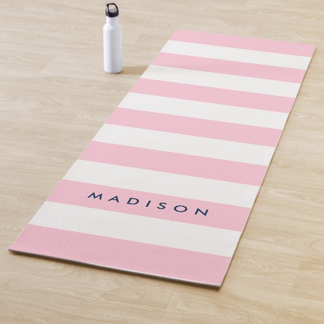 Personalize with Name Preppy Pink & White Stripes Yoga Mat (In Situ)