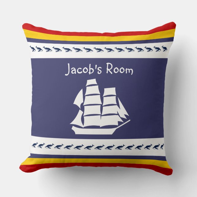 Personalize with name whale + sailboat throw pillow (Front)