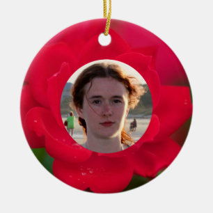 (Personalize) With Photos Red Rose in Bloom Dew Ceramic Ornament
