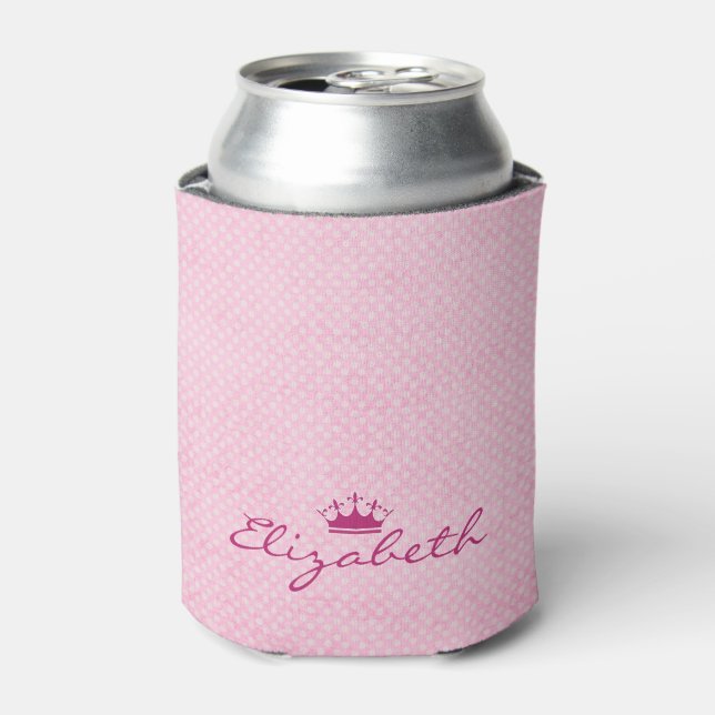 Personalize with Purple Tiara on Pink Polka Dots Can Cooler (Can Front)