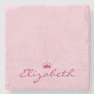 Personalize with Purple Tiara on Pink Polka Dots Stone Coaster