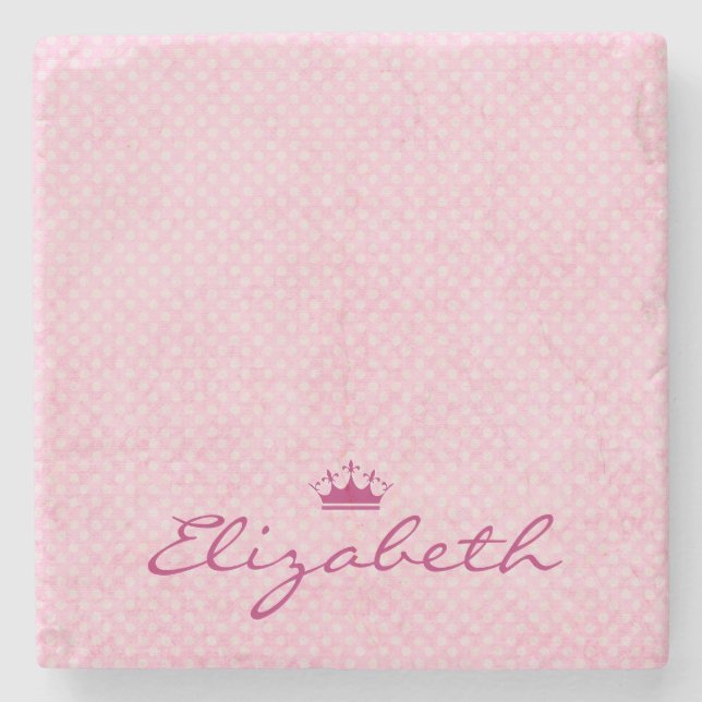 Personalize with Purple Tiara on Pink Polka Dots Stone Coaster (Front)