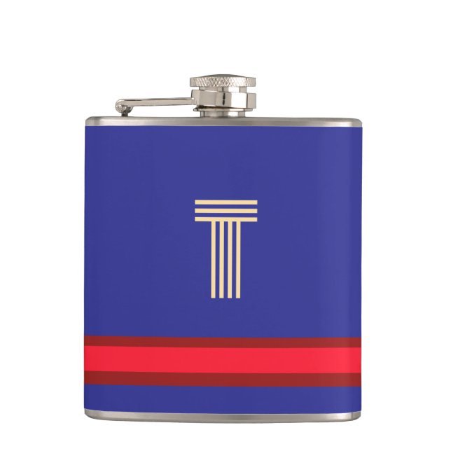 Personalize With Your Initial Blue + Red Stripe  Hip Flask (Front)
