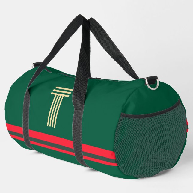 Personalize With Your Initial Green + Red Stripe  Duffle Bag (Right Corner)