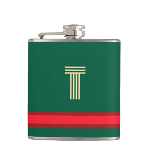 Personalize With Your Initial Green + Red Stripe Hip Flask