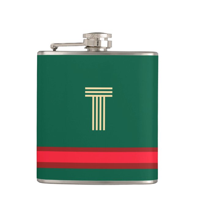 Personalize With Your Initial Green + Red Stripe  Hip Flask (Front)