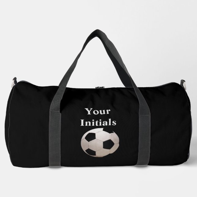 Personalize With Your Initials Black Soccer Ball Duffle Bag (Front)