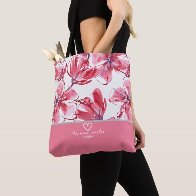 Personalize with your Name and City ♥ Red Flowers Tote Bag (Close Up)