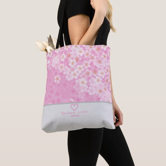 Personalize with your Name and City ♥Sakura Floral Tote Bag (Close Up)