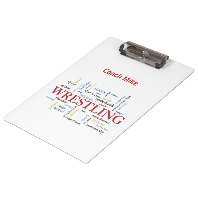 Personalize, Wrestling Coach Thank You in Words Clipboard (Angled)