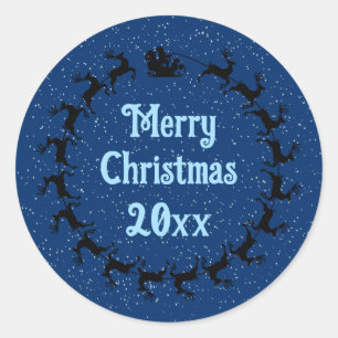 Personalize YEAR Santa's Sleigh Delivery Blue Classic Round Sticker