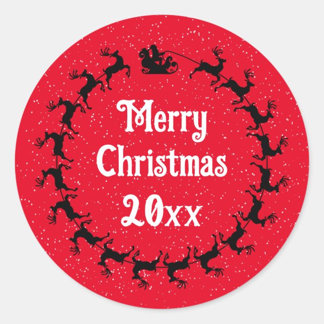 Personalize YEAR Santa's Sleigh Delivery Red Classic Round Sticker (Front)