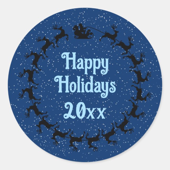 Personalize YEAR Santa's Sleigh Holiday Blue Classic Round Sticker (Front)