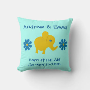 Personalize Yellow elephant, blue flowers Throw Pillow