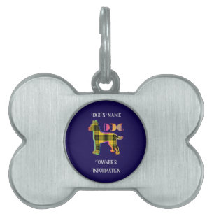 Personalize Yellow Plaid Dk Blue  DOG Bone  Pet ID Tag