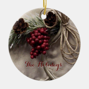 Personalize your Berries and Pinecones Ceramic Ornament