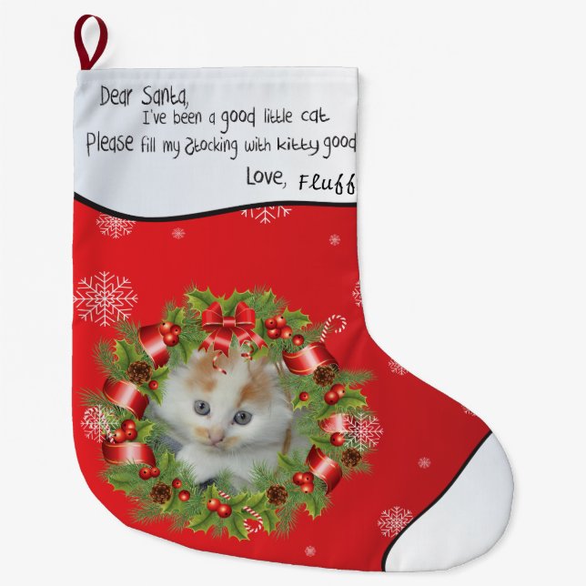 Personalize YOUR CAT PHOTO red Holly Wreath Frame Large Christmas Stocking (Front)