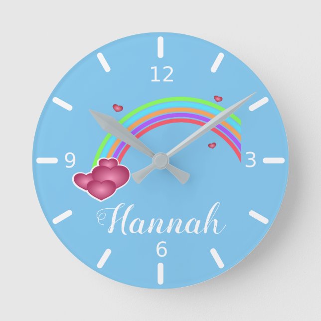 Personalize Your Own Colourful Rainbow & Hearts Round Clock (Front)