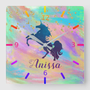 Personalize Your Own Colourful Unicorn Square Wall Clock