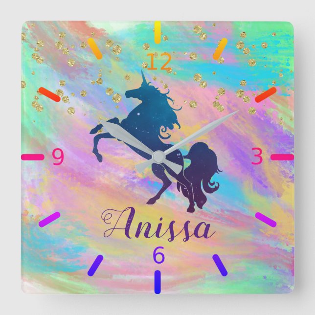 Personalize Your Own Colourful Unicorn Square Wall Clock (Front)