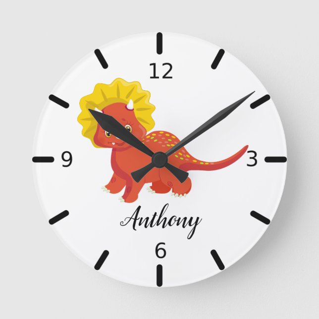 Personalize Your Own Cute Baby Dinosaur Round Clock (Front)