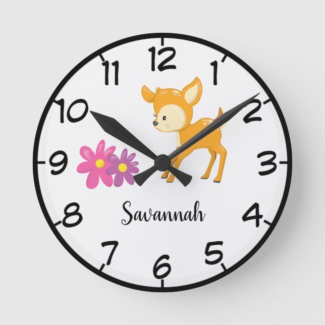 Personalize Your Own Cute Floral Woodland Deer Round Clock (Front)