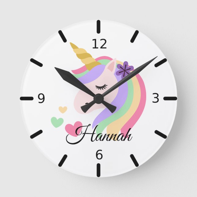 Personalize Your Own Floral Magical Unicorn Round Clock (Front)