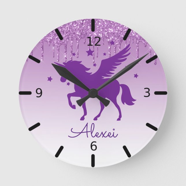 Personalize Your Own Magical Purple Unicorn Round Clock (Front)