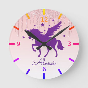 Personalize Your Own Magical Purple Unicorn Round Clock