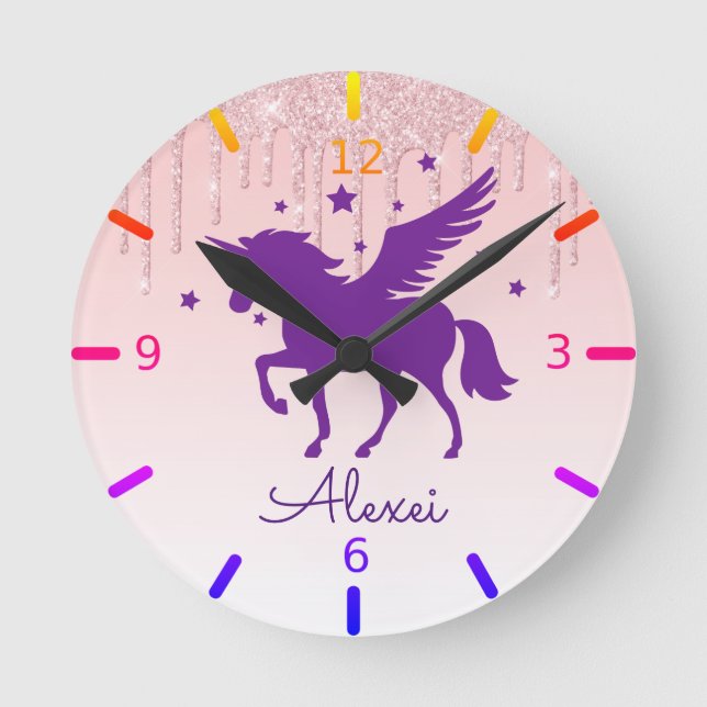 Personalize Your Own Magical Purple Unicorn Round Clock (Front)
