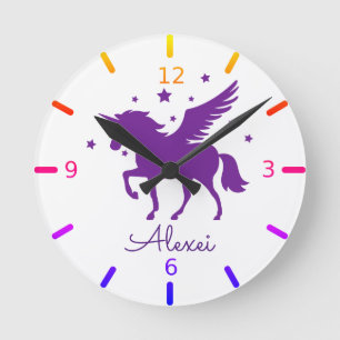 Personalize Your Own Magical Purple Unicorn Round Clock