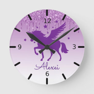 Personalize Your Own Magical Purple Unicorn Round Clock