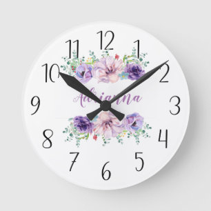 Personalize Your Own Purple Floral Round Clock