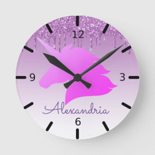 Personalize Your Own Purple Glitter Unicorn Round Clock