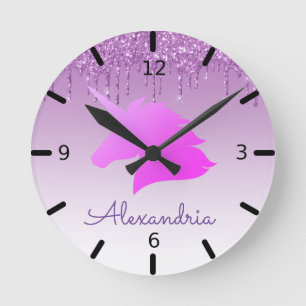 Personalize Your Own Purple Glitter Unicorn Round Clock