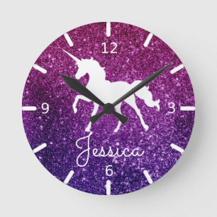 Personalize Your Own Purple Speckled Unicorn Round Clock