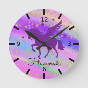 Personalize Your Own Purple Unicorn Round Clock