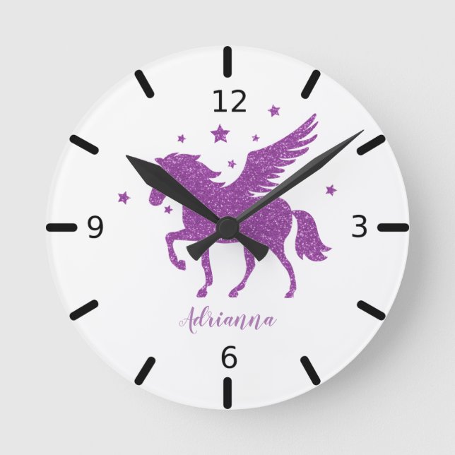 Personalize Your Own Purple Unicorn Round Clock (Front)