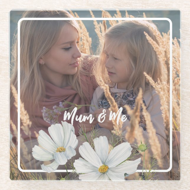 Personalize Your Photo White Cosmos Square Frame Glass Coaster (Front)