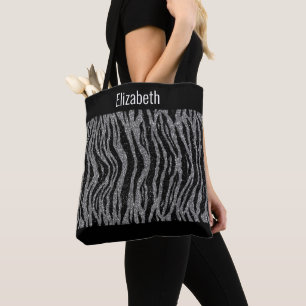 Personalize Zebra Print Black Silver Bridesmaids Tote Bag