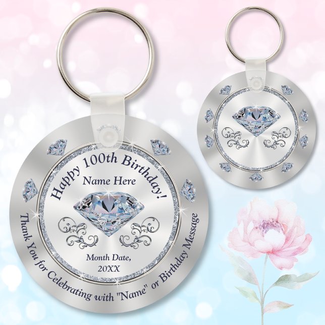 Personalized, 100th Birthday Party Favours Keychain (100th birthday party favors. Birthday party ideas for 100 year old woman. 100th birthday souvenirs.)
