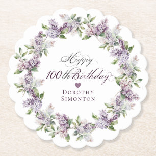 Personalized 100th Birthday Purple Lilac Flower Paper Coaster