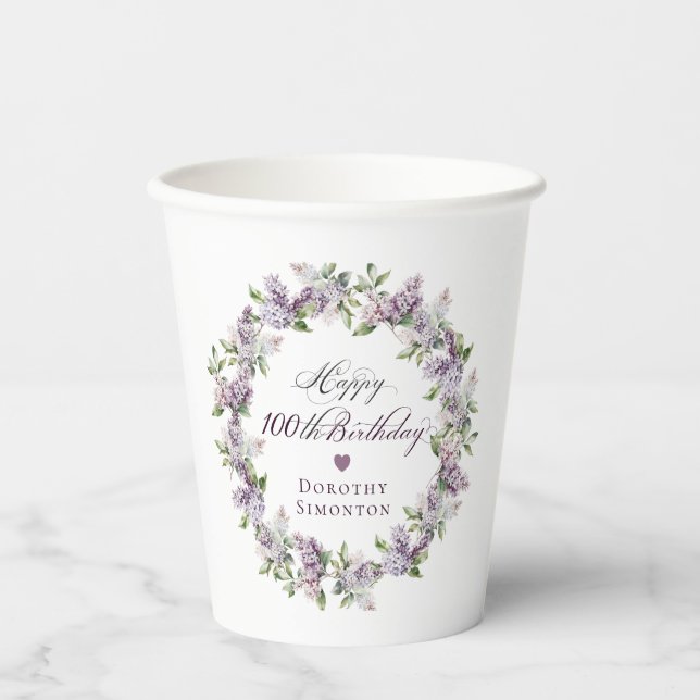 Personalized 100th Birthday Purple Lilac Flower Paper Cups (Front)